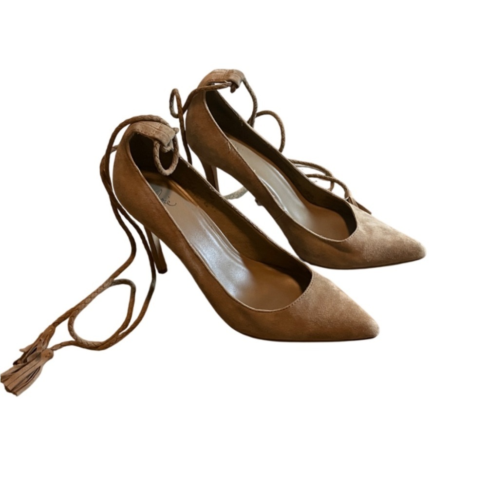 Joie Heels Angelynn Braided Ankle Tie Tassle Suede Tan Lace-Up Heels- 38.5